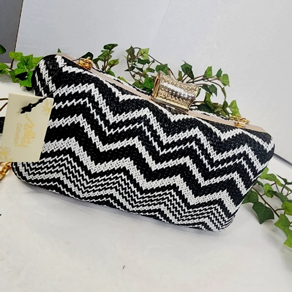 Black White Geometric Chevron Hard Case Clutch Bag New